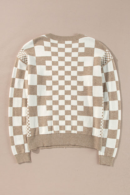 Gray Checkered Print Drop Shoulder Round Neck Sweater