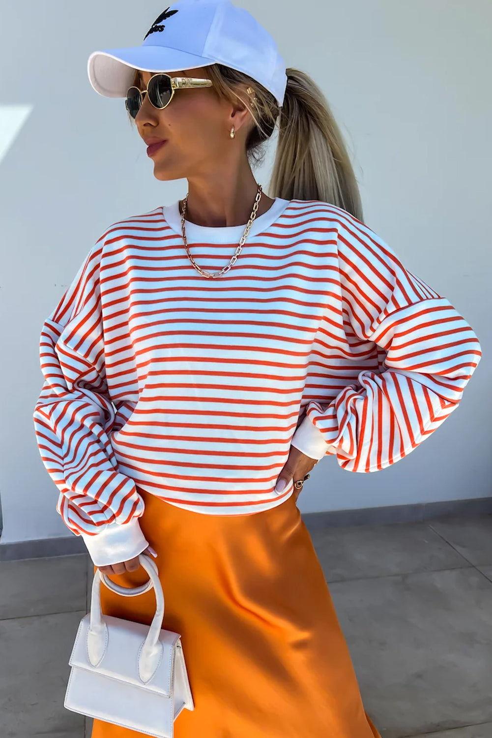 Russet Orange Drop Shoulder Crew Neck Loose Sweatshirt