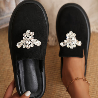 Round Toe Thick-soled Slippers With Rhinestones Fashion Closed-toe Slides Indoor Outdoor Non-slip Slipper For Women