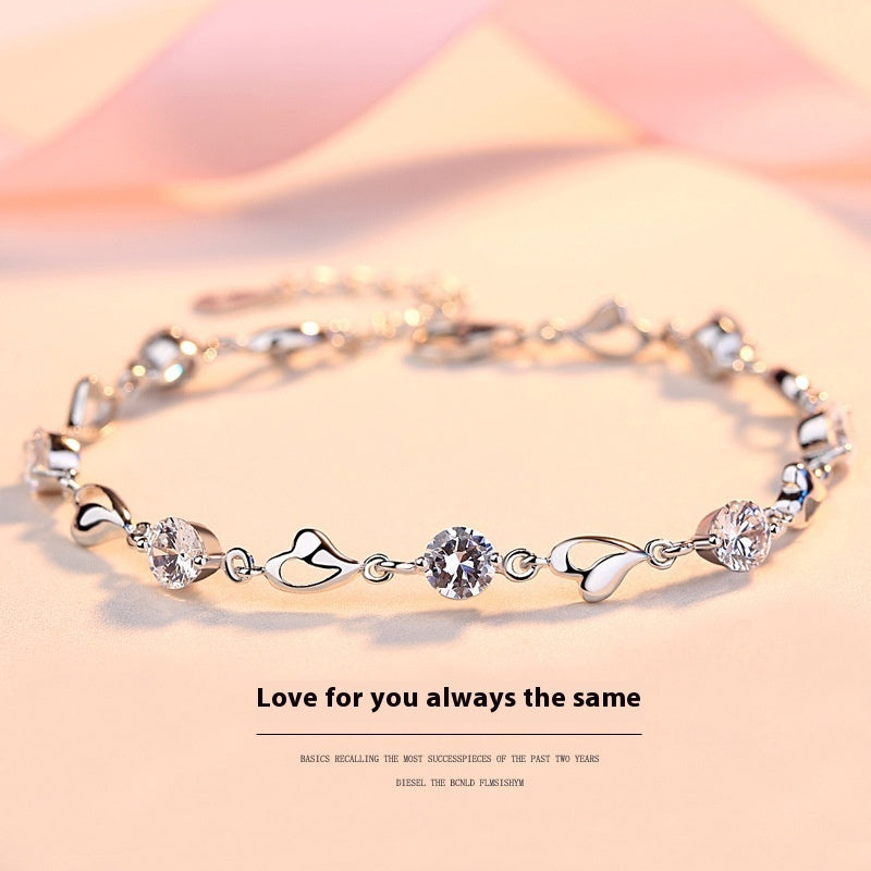 S999 Pure Silver Love Heart Simple Personality Mori Style Student Couples Bracelet