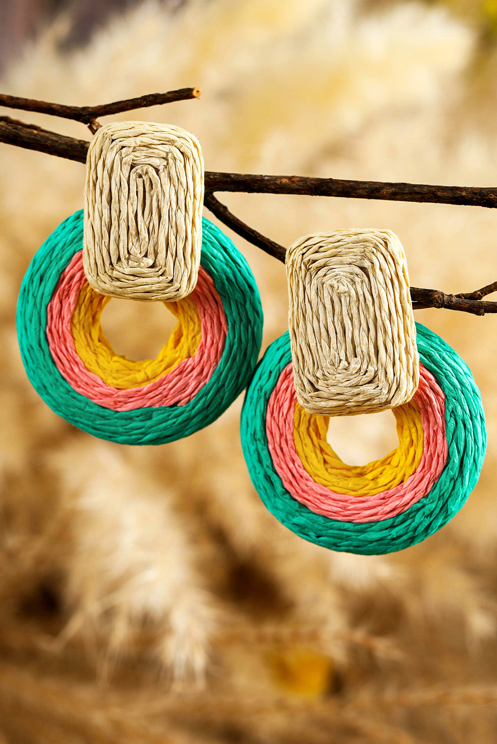 Green Colorblock Grass Vine Hoop Crochet Earrings