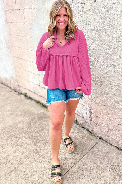 Bright Pink Corded Turn-down V Neck Bubble Sleeve Babydoll Blouse