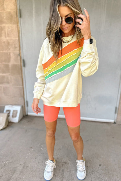 Beau Blue Rainbow Colorblock Striped Pullover Sweatshirt