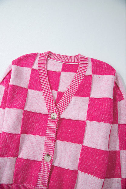 Orange Checkered Drop Shoulder Buttoned V Neck Cardigan