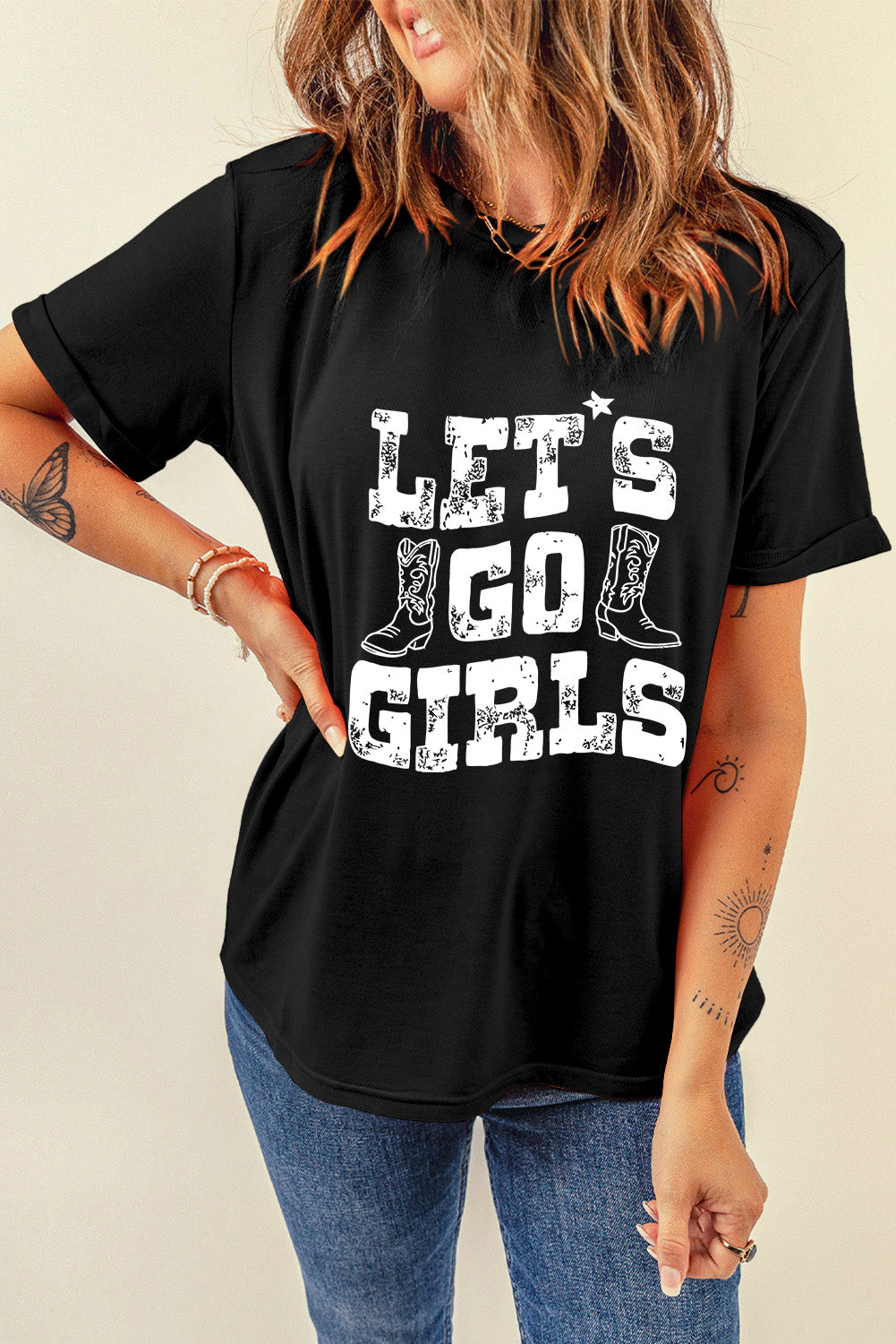 Black LETS GO GIRLS Boots Print Crew Neck T Shirt