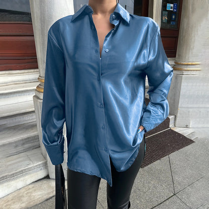 Graceful and Fashionable Slim-Fit Glossy Satin Shirt Top