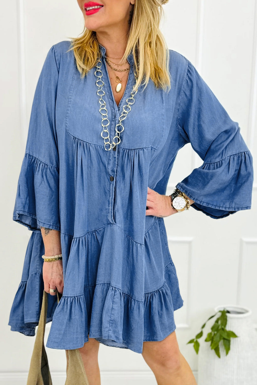 Black Chambray Ruffled 3/4 Sleeve Tiered Split V Neck Mini Dress