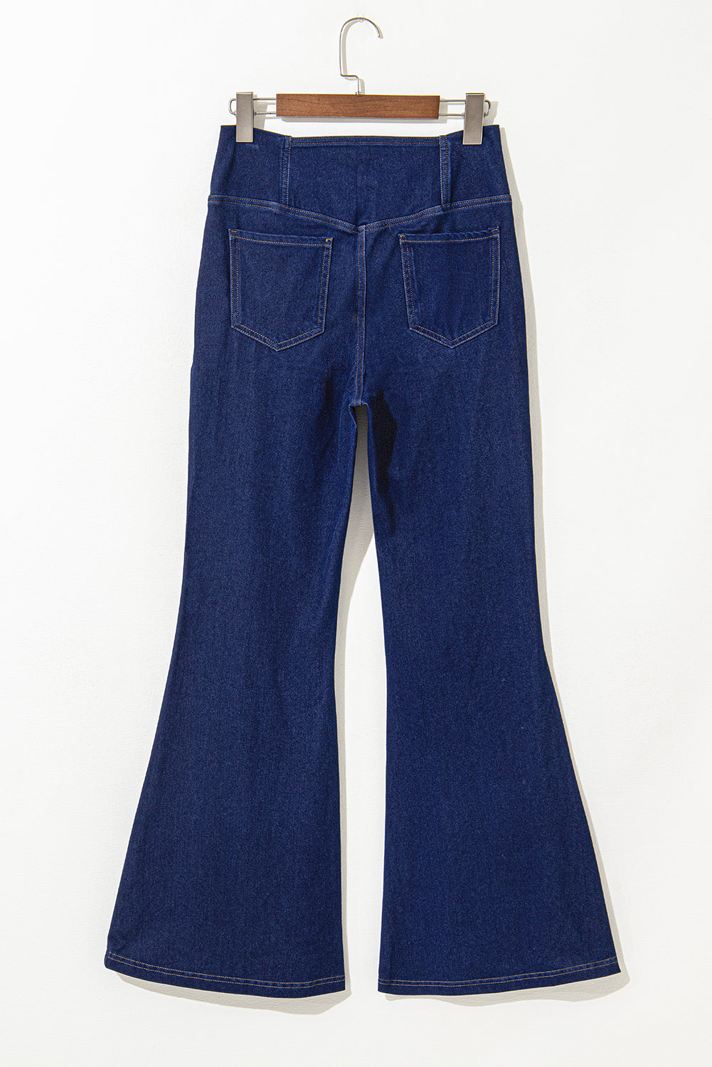 Dusk Blue Solid Crossed Waist High Elastic Fit Flare Knit Jeans