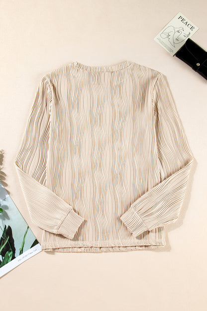 White Textured Wavy Round Neck Long Sleeve Top