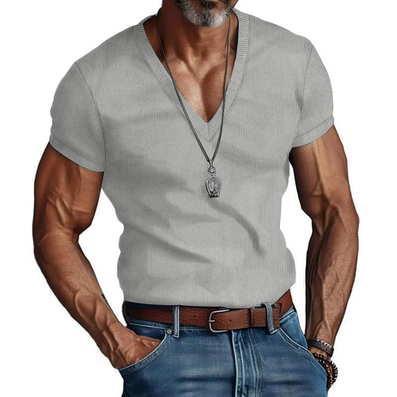 V-neck Solid Color Slim Fit Casual T-shirt Men's Top