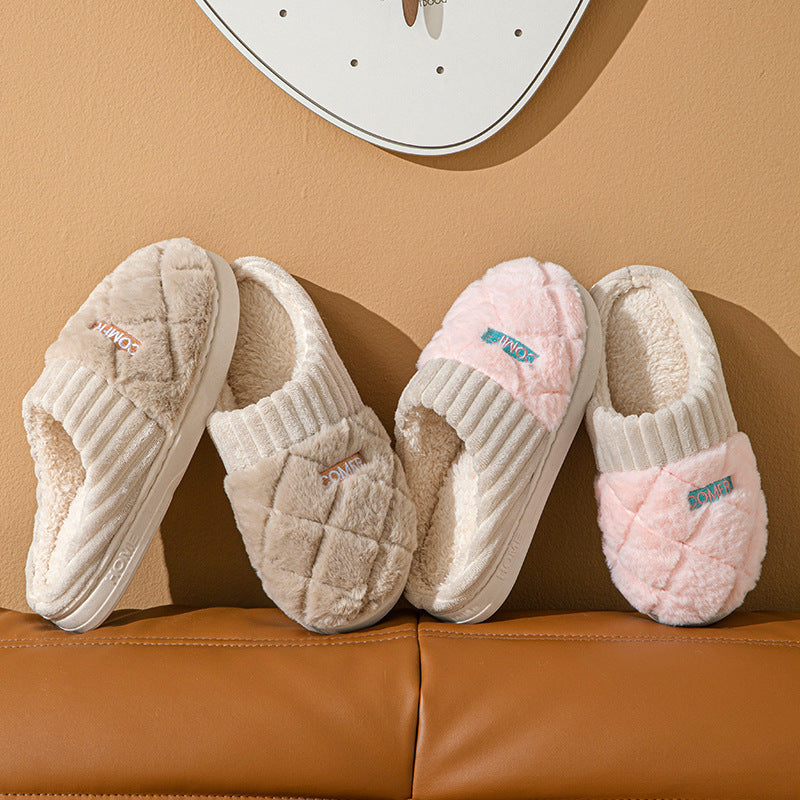 Solid Plush Home Slippers - Winter Warm Non-Slip House Shoes for Couples