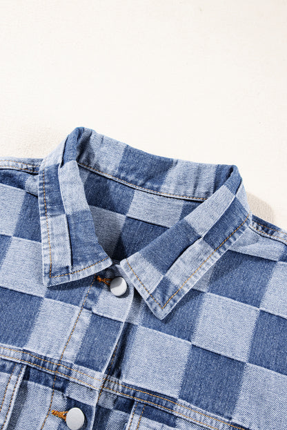 Black Checkered Patchwork Button up Denim Jacket