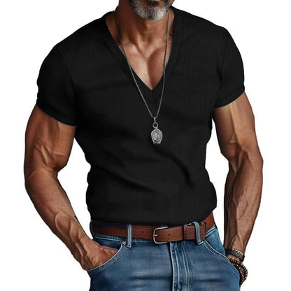 V-neck Solid Color Slim Fit Casual T-shirt Men's Top