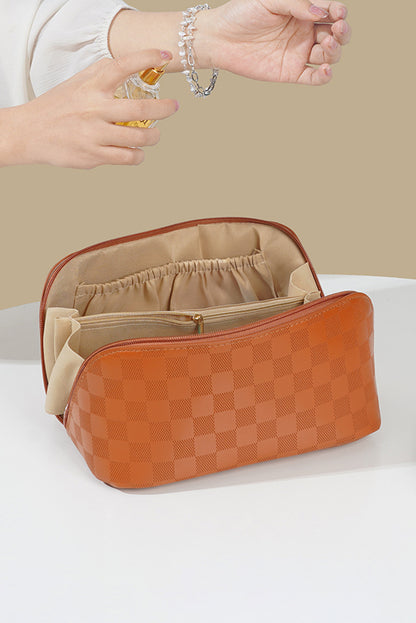 Thai Curry PU Leather Checkered Large Makeup Bag with Handle