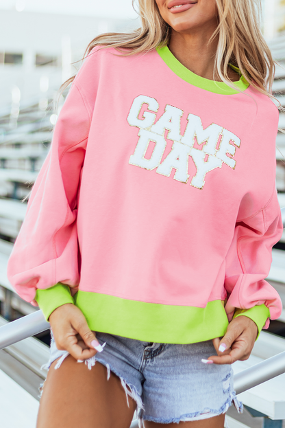 Pink GAME DAY Glitter Color Block Crew Neck Sweatshirt