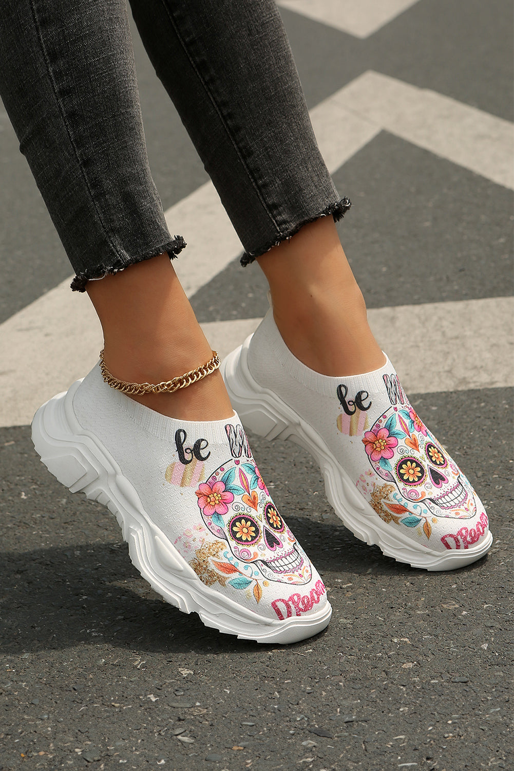 White Halloween Floral Skull Printed Slip-On Flat Shoes