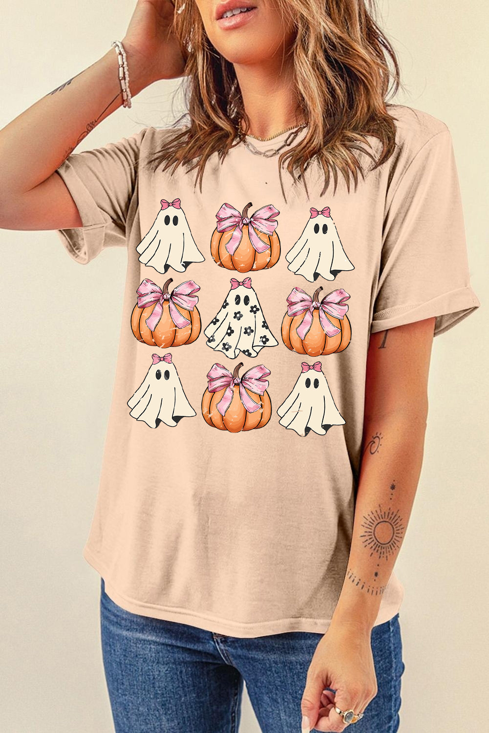 Khaki Bowknot Ghost Pumpkin Graphic Halloween T Shirt