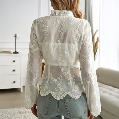 Women's Y2g Cardigan Embroidered V-neck Long Sleeve Lace Shirt