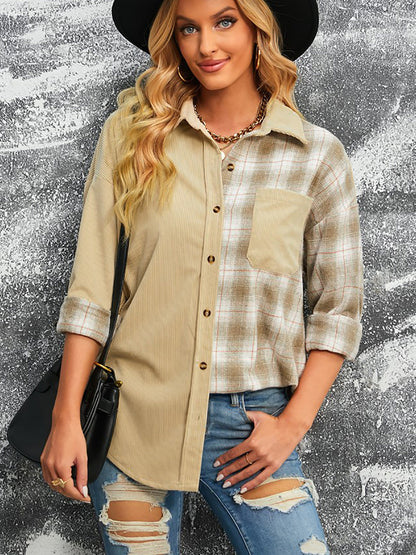 Women's Long Sleeve Loose Pockets Woolen Shirt