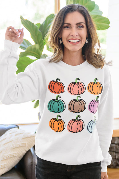 Beige Vibrant Pumpkins Print Crew Neck Halloween Sweatshirt