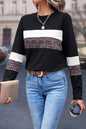 White Leopard Colorblock Patchwork Crew Neck Long Sleeve Tee