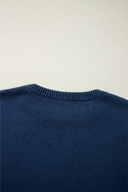 Sail Blue Star Pattern Drop Shoulder Knitted Sweater