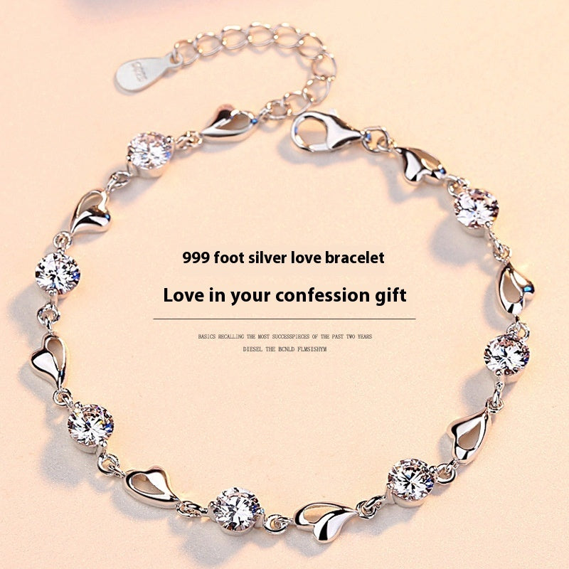 S999 Pure Silver Love Heart Simple Personality Mori Style Student Couples Bracelet