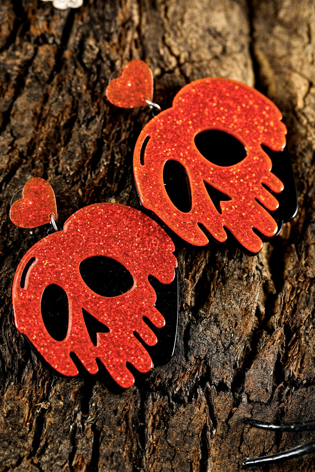 Fiery Red Halloween Skull Heart Shape Acrylic Stud Earrings