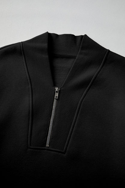 Black Plain Half Zip V Neck Ribbed Edge Loose Tracksuit