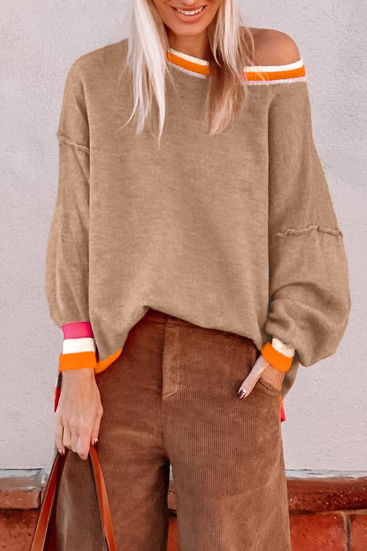 Parchment Colorblock Striped Trim Drop Shoulder Sweater