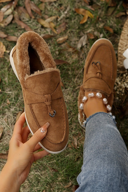 Black Suede Furry Lined Slip on Flat Shoes