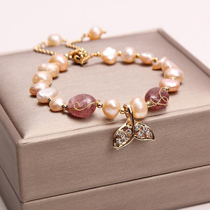 Natural Freshwater Pearl Strawberry Quartz Fishtail Bracelet