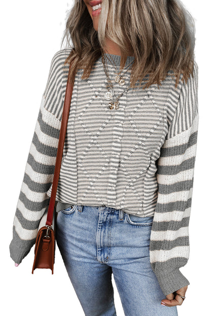 Red Stripe Geometric Textured Drop Shoulder Sweater