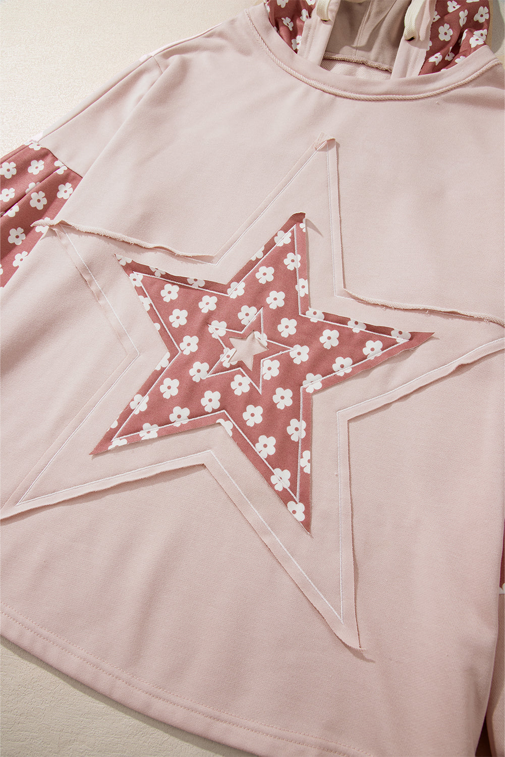 Apricot Floral Patchwork Star Pattern Drawstring Hoodie