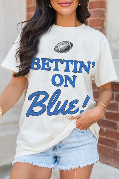 White Rugby Football BETTIN ON Blue Graphic Crewneck T Shirt