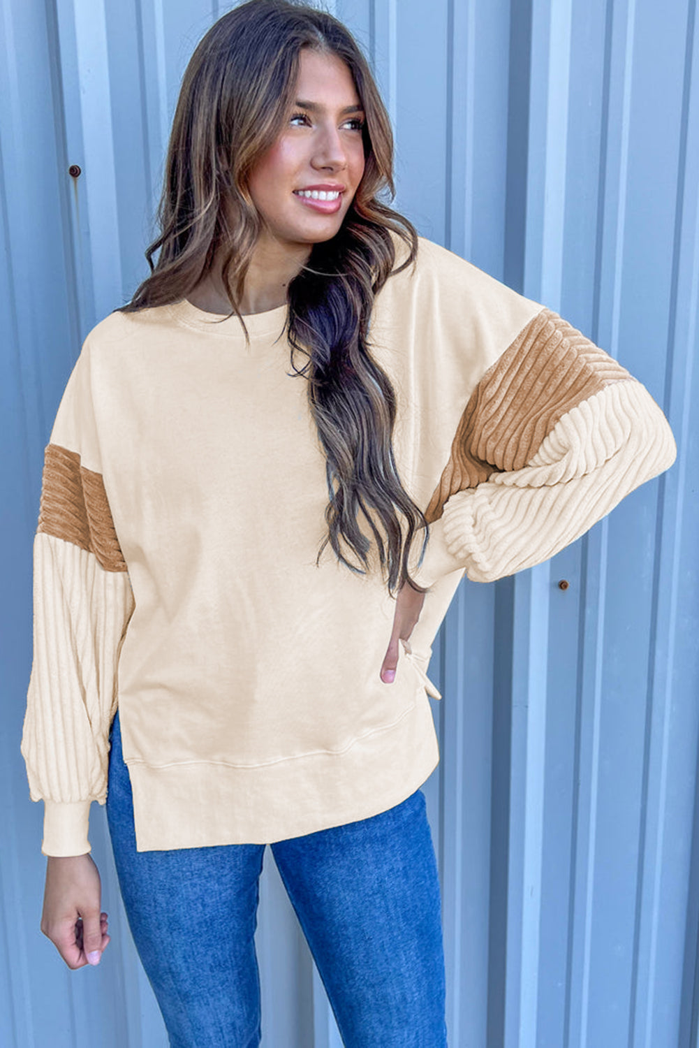 Apricot Corduroy Patchwork Drop Shoulder Long Sleeve Sweatshirt