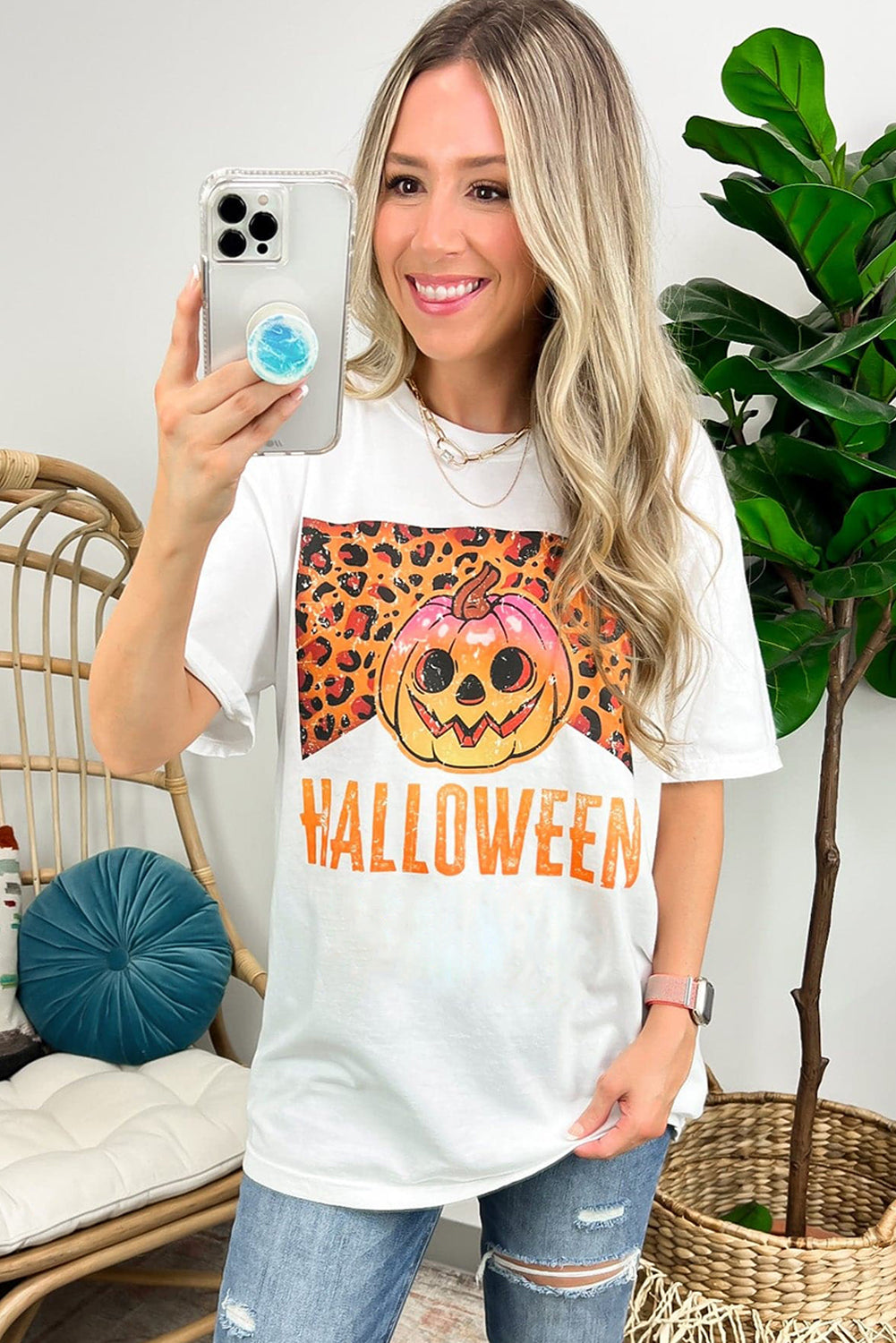 White Leopard Pumpkin Face HALLOWEEN Graphic T Shirt