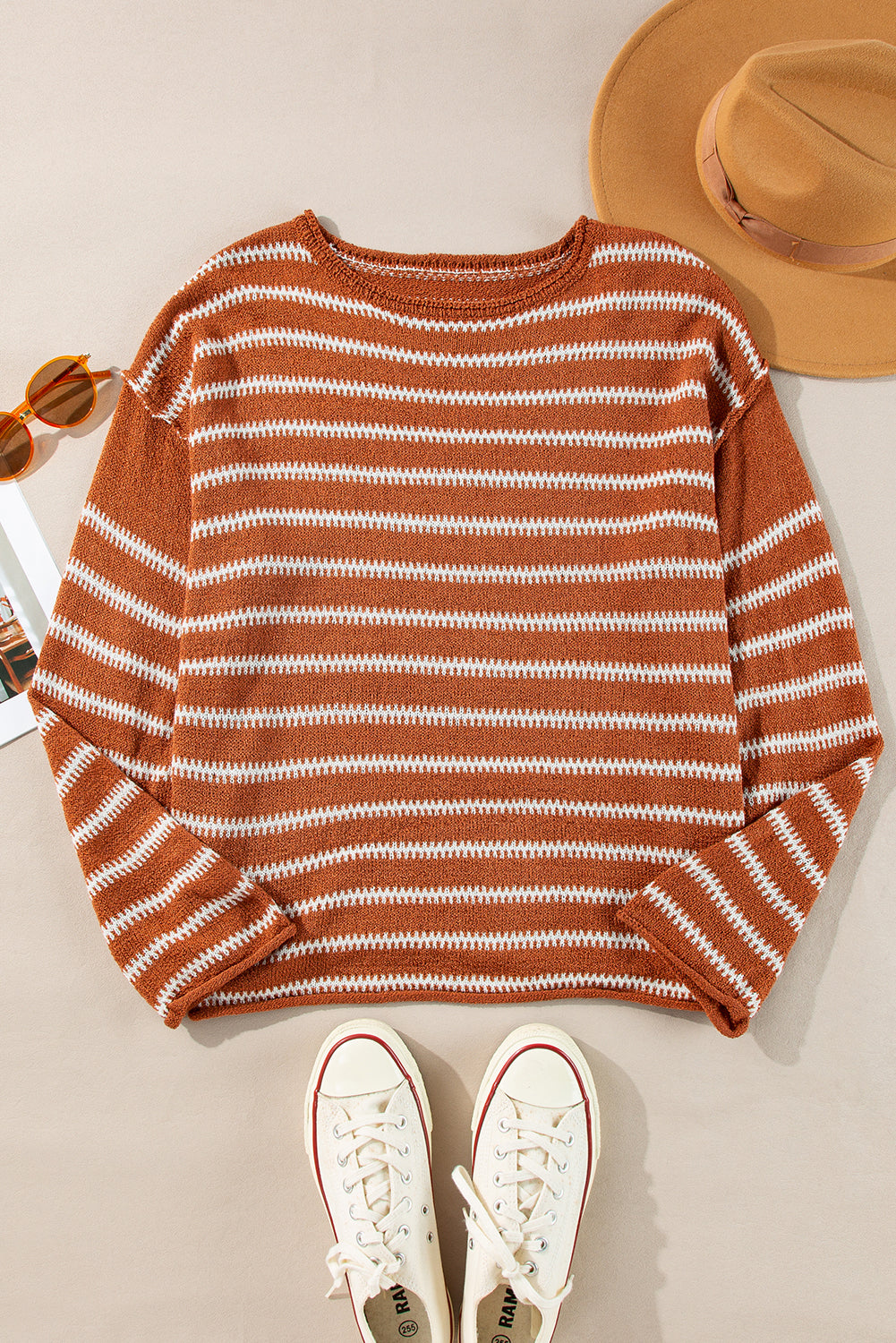 Green Stripe Drop Shoulder Casual Sweater