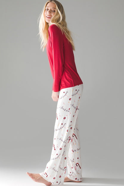 Red Solid Top and Christmas Pants Two Piece Lounge Set