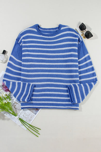 Green Stripe Drop Shoulder Casual Sweater