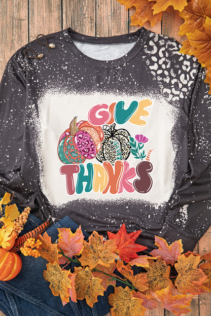 Black Bleached GIVE THANKS Leopard Pumpkin Printed Long Sleeve Top