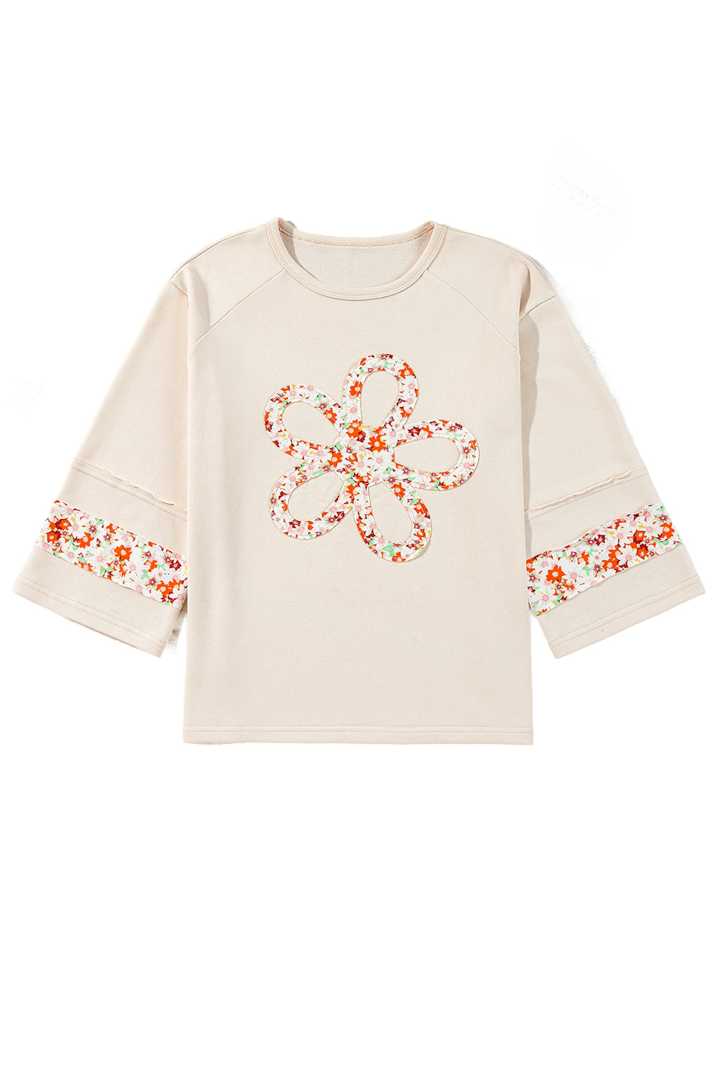 Beige Flower Patch Graphic Exposed Seam Wide Sleeve Top