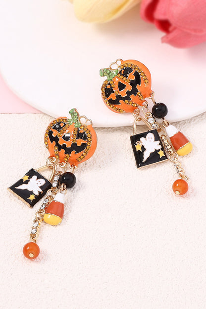 Orange Halloween Rhinestone Pumpkin Ghost Tassel Earrings