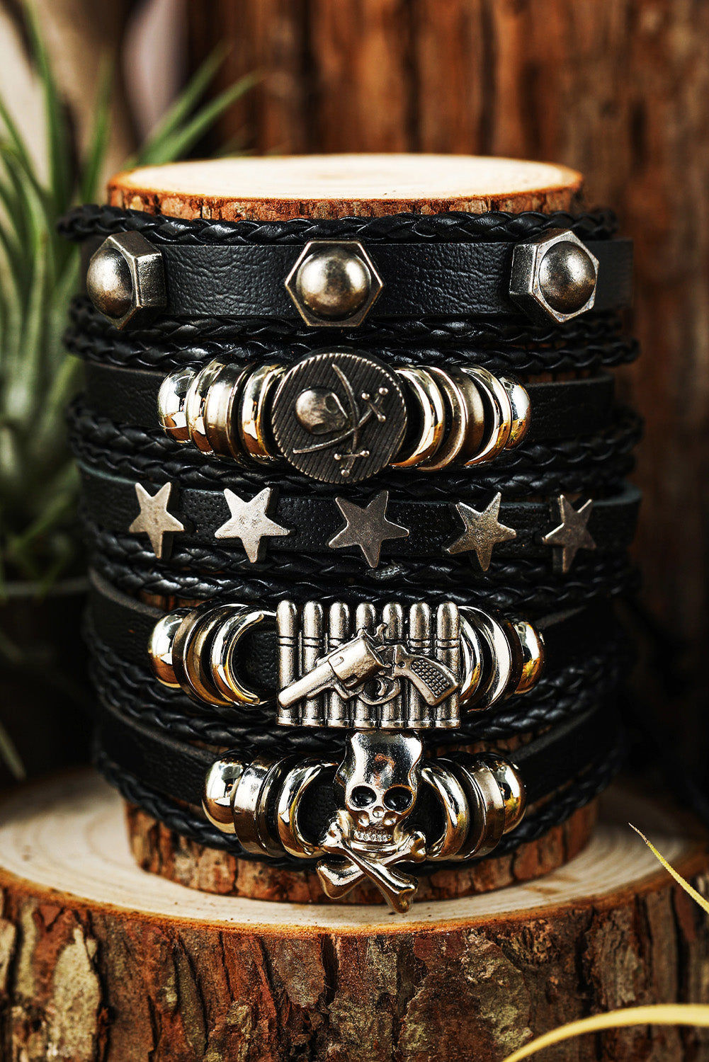 Black Gun Skull Star PU Leather Bracelet Set