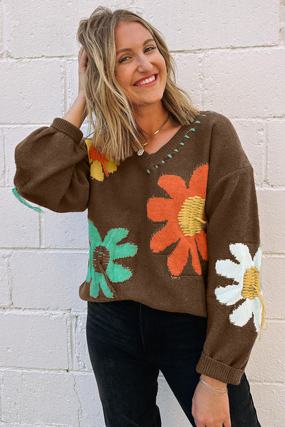 Coffee Big Flower Pattern V Neck Drop Shoulder Sweater