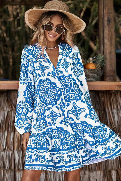 Sky Blue Tribal Print Button Up Notch Neck Loose Mini Dress