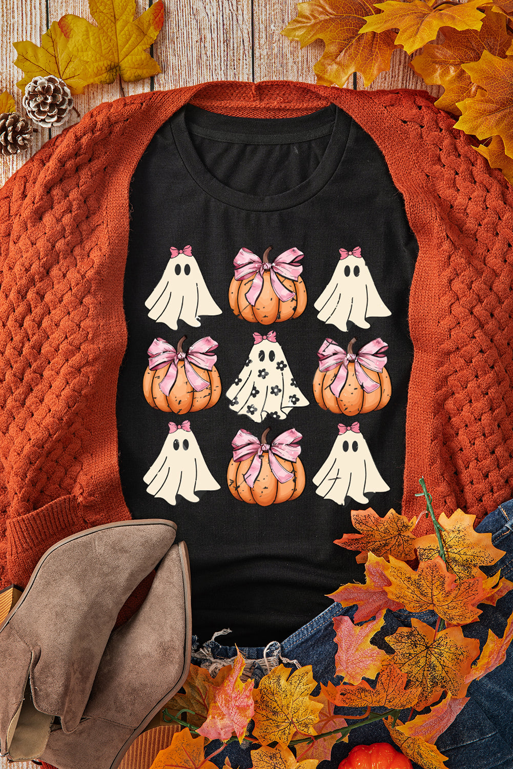 Khaki Bowknot Ghost Pumpkin Graphic Halloween T Shirt