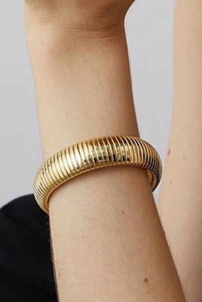 Gold Textured Striped Plated Titanium Steel Chunky Bangle