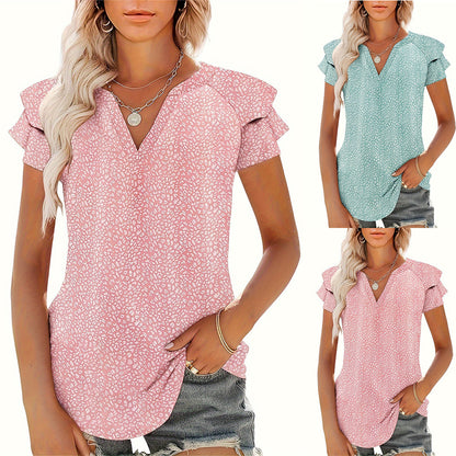 Women's V-neck Pleated Short Sleeves T-shirt