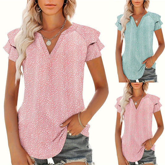 Women's V-neck Pleated Short Sleeves T-shirt